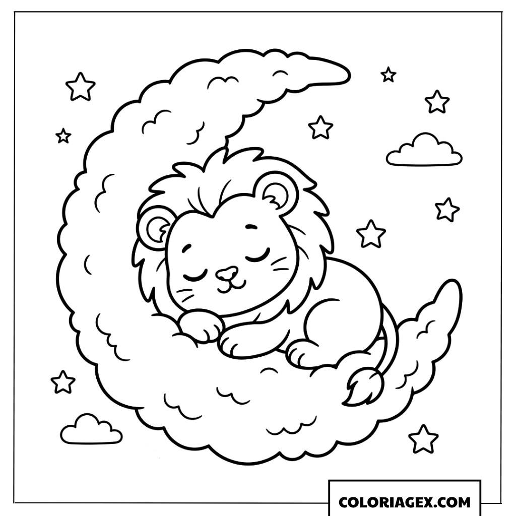 Dessin de lionceau endormi sur un nuage en forme de lune