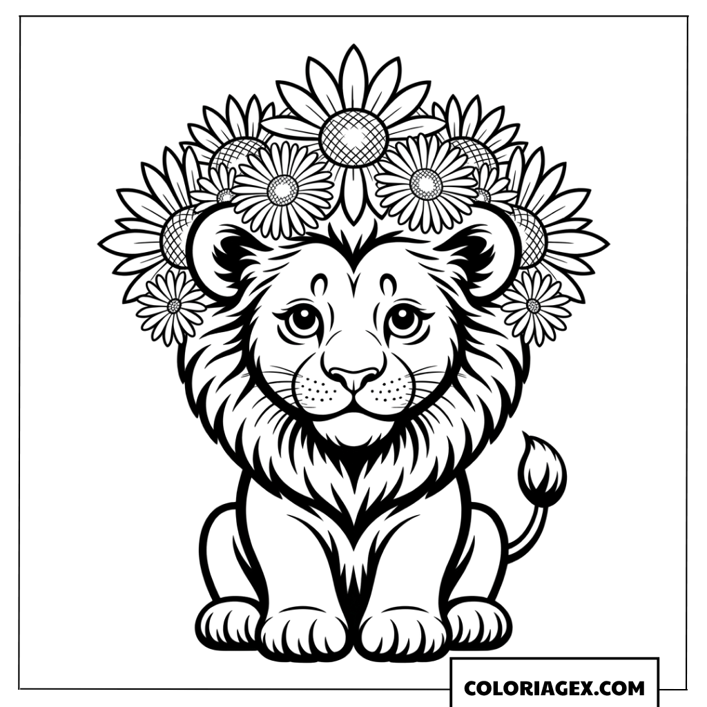 Dessin de lionceau rigolo portant une couronne de tournesols