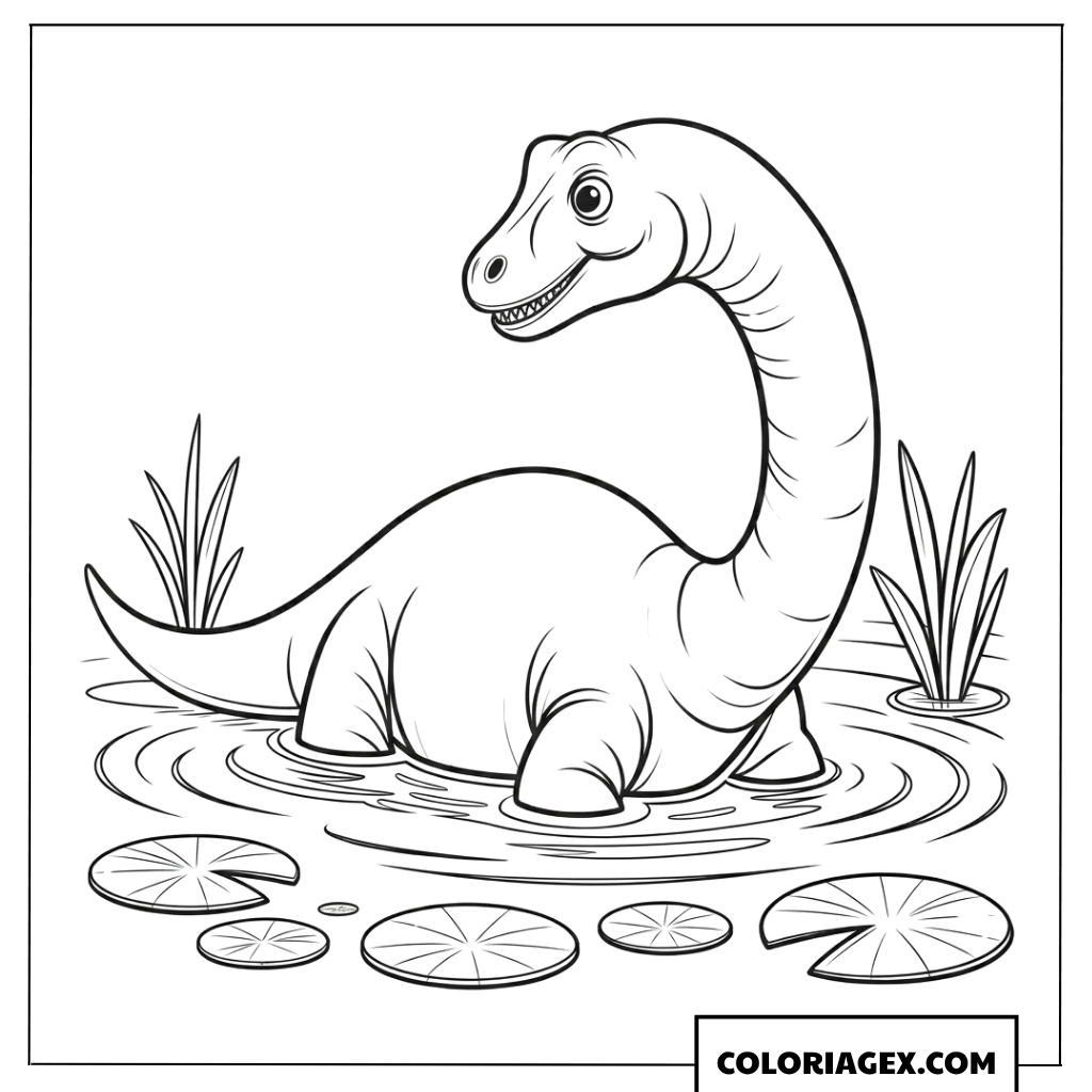 Dessin de mignon diplodocus se baignant dans le lac a colorier