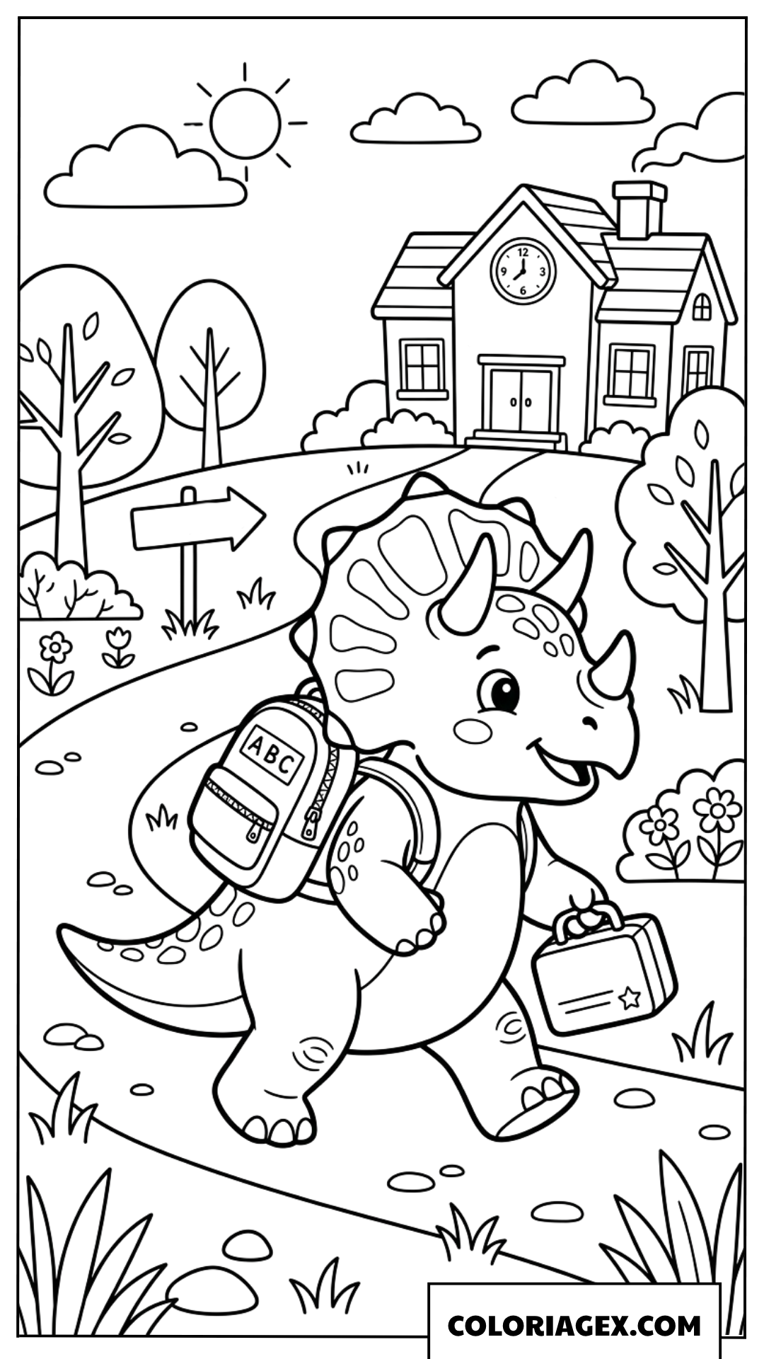 Dessin de mignon triceratops avec son sac a dos allant a l ecole