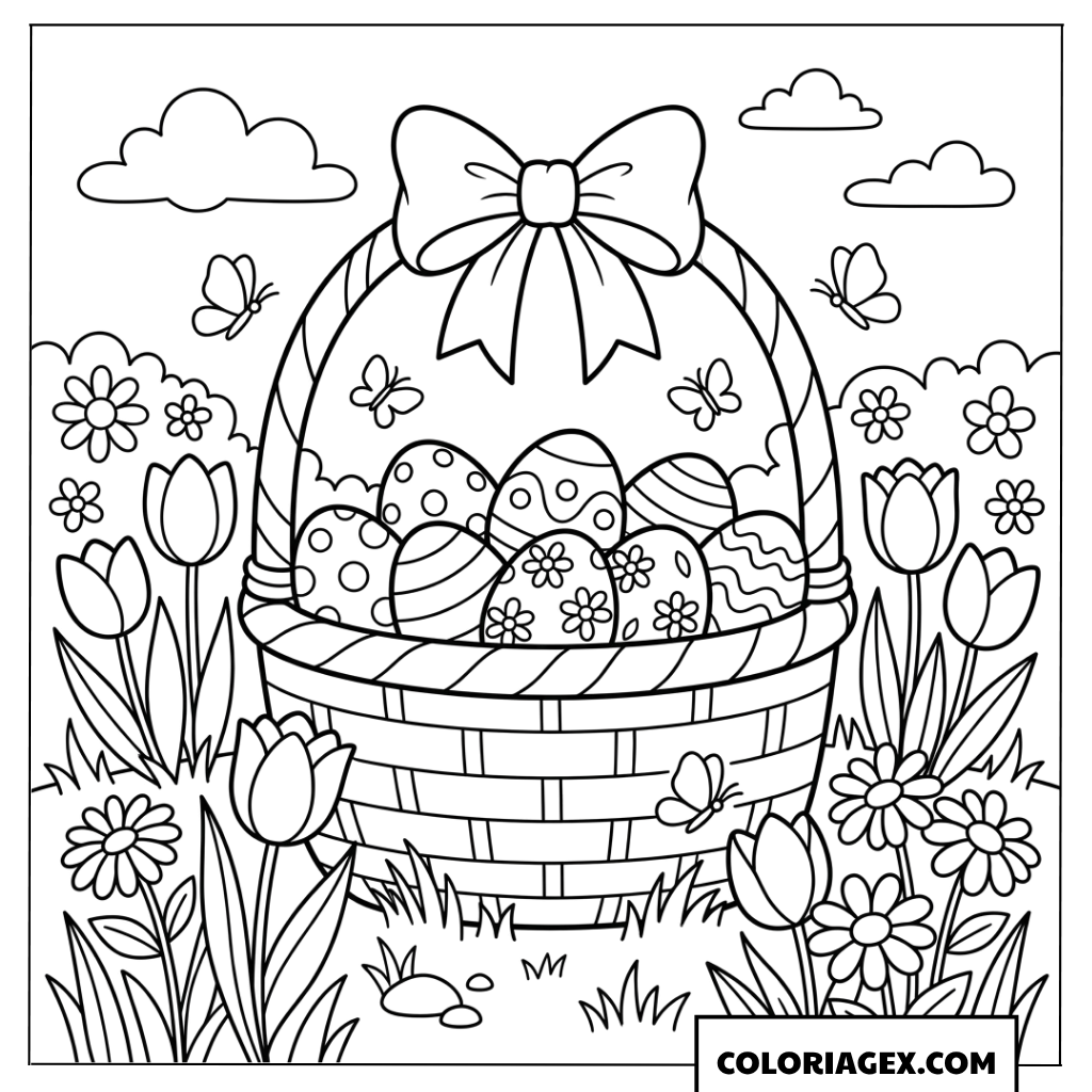 Dessin de panier d'œufs de Pâques dans un champ de fleurs