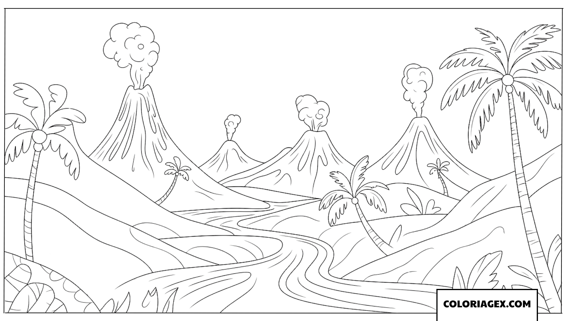 Dessin de paysage de volcans en eruption et riviere prehistorique a colorier