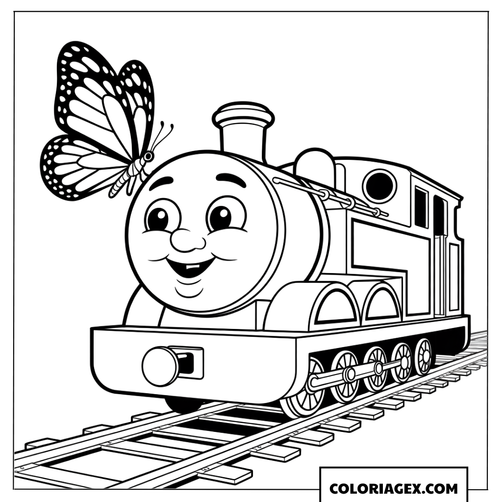 Dessin de petit train curieux avec un papillon