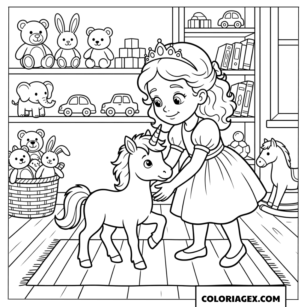 Dessin de petite princesse apprenant à marcher au bébé licorne à colorier