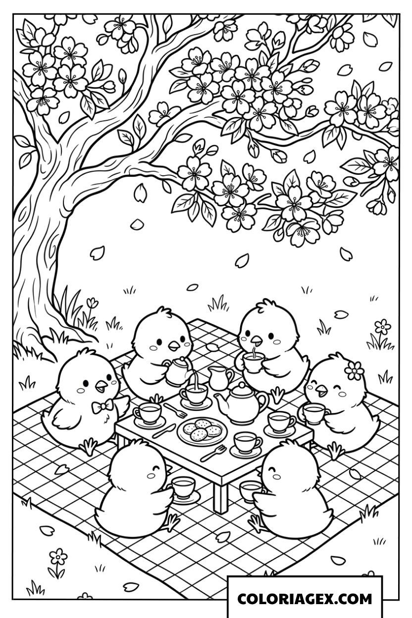 Dessin de poussins organisant une fête du thé sous un cerisier