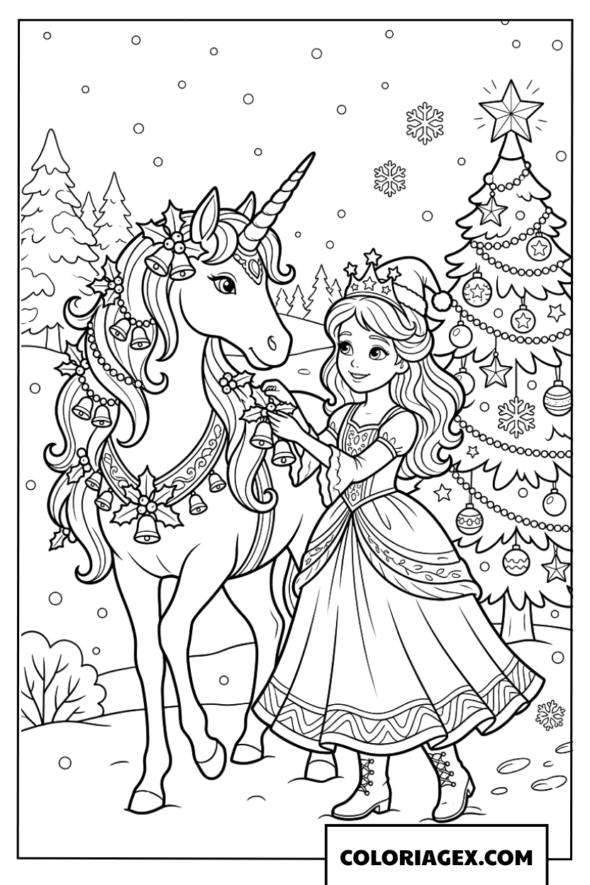 Dessin de princesse décorant sa licorne avec des cloches de Noël