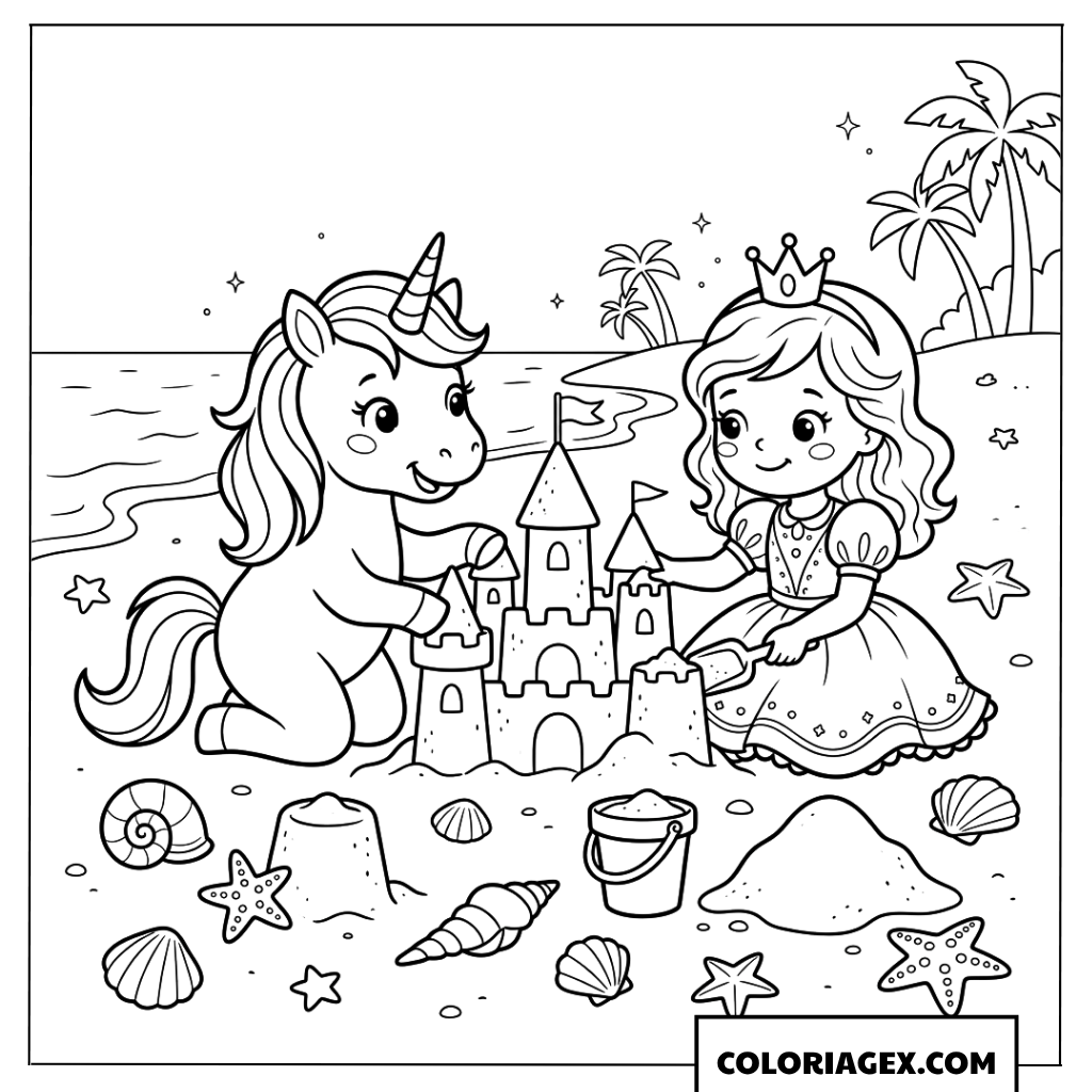 Dessin de princesse et licorne construisant un château de sable