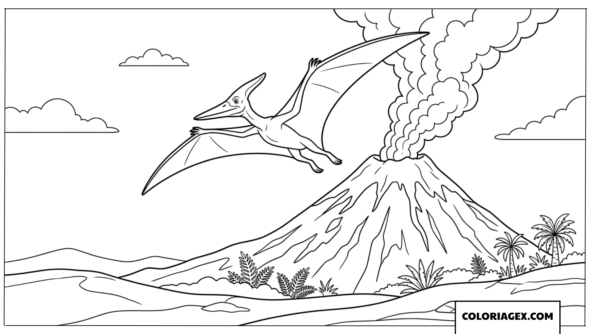 Dessin de pterodactyle volant au dessus d un volcan en eruption a colorier