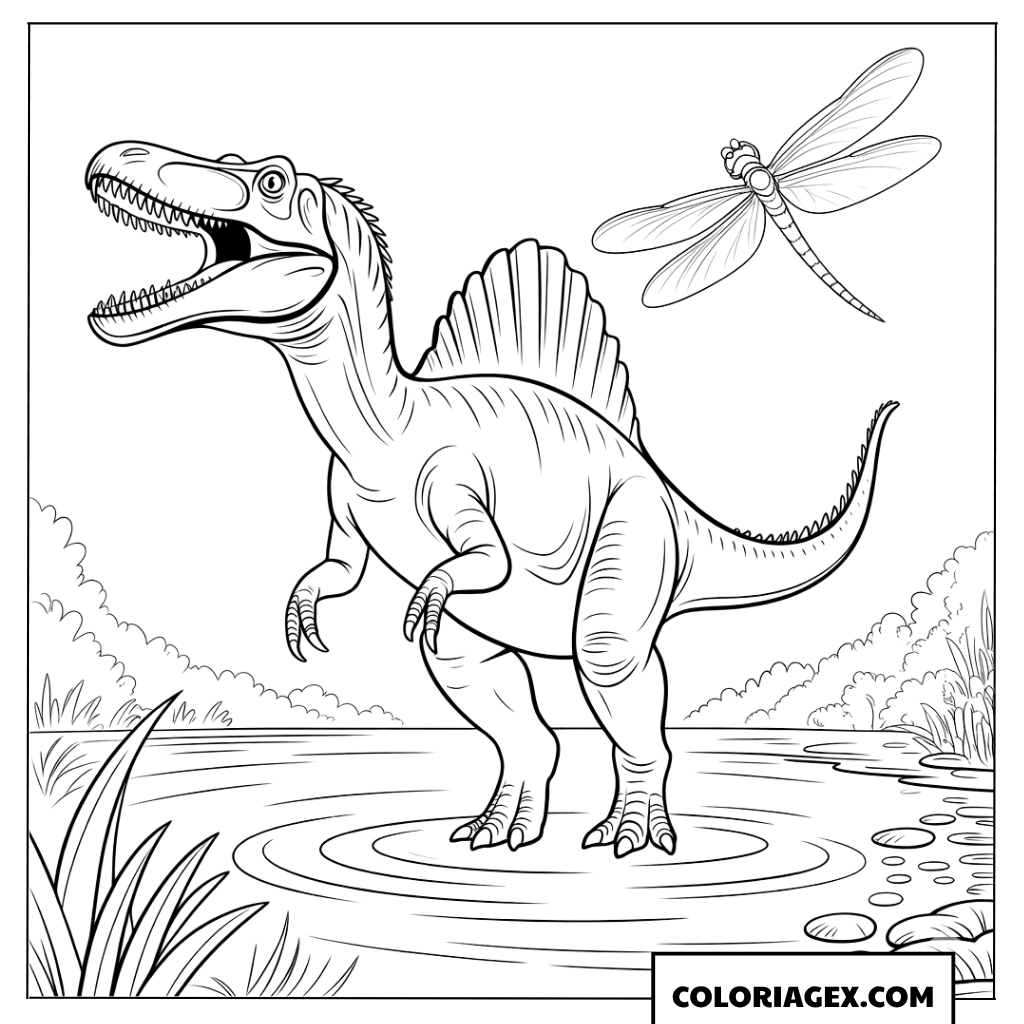 Dessin de spinosaure pres de l eau avec une libellule a colorier