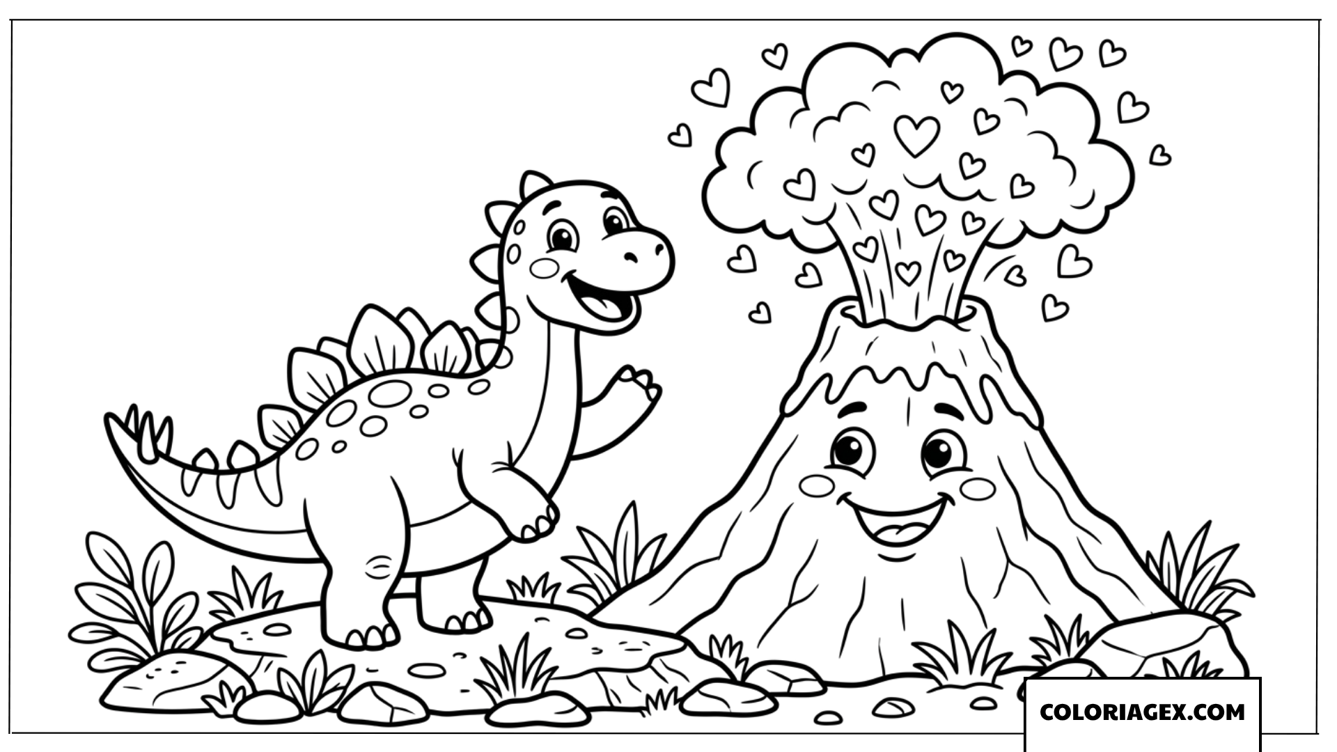 Dessin de stegosaure mignon et volcan rigolo crachant des coeurs
