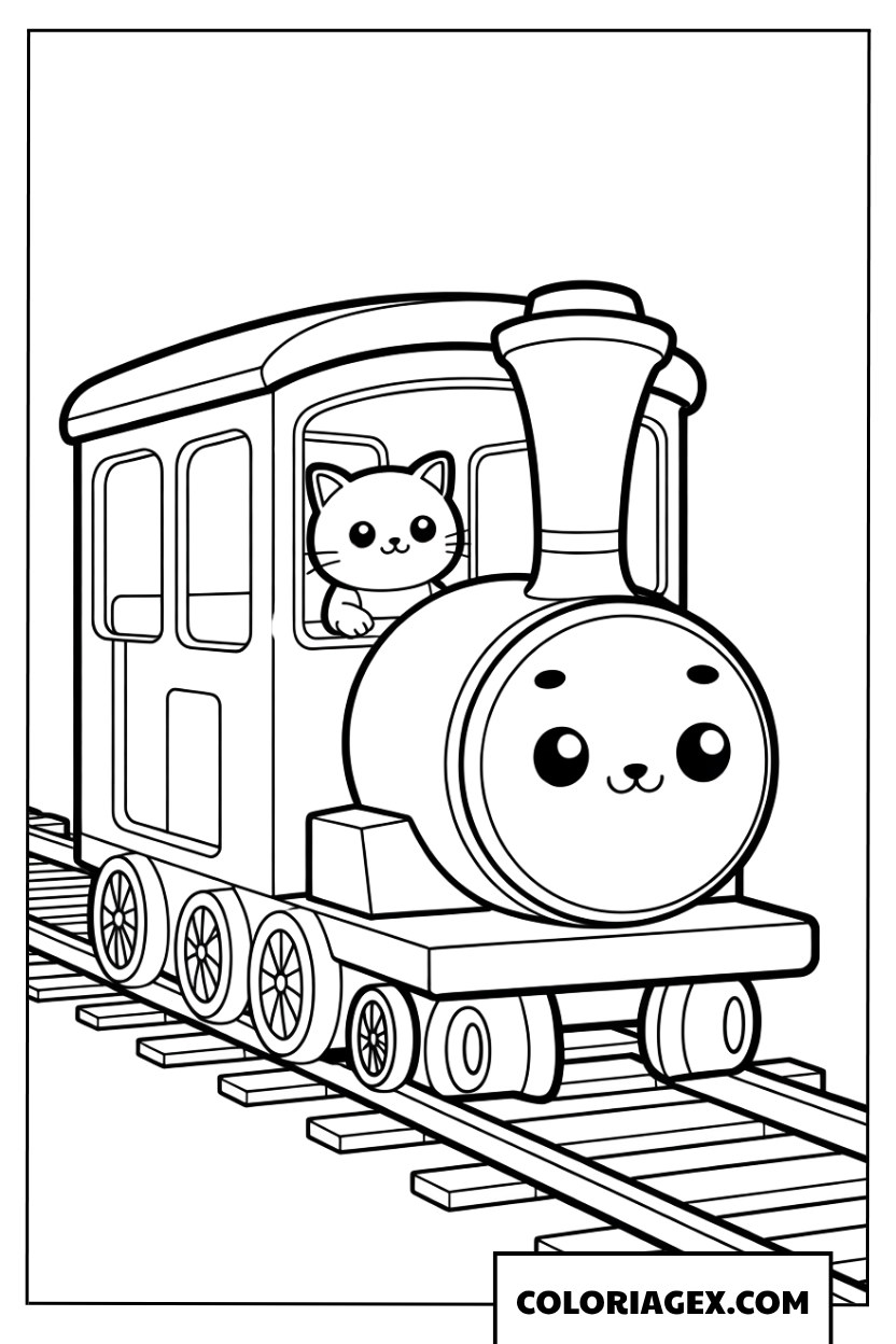 Dessin de train avec un petit chat mignon