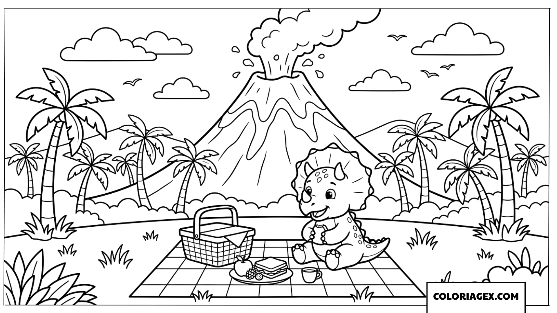 Dessin de triceratops mignon en pique nique pres dun volcan a colorier