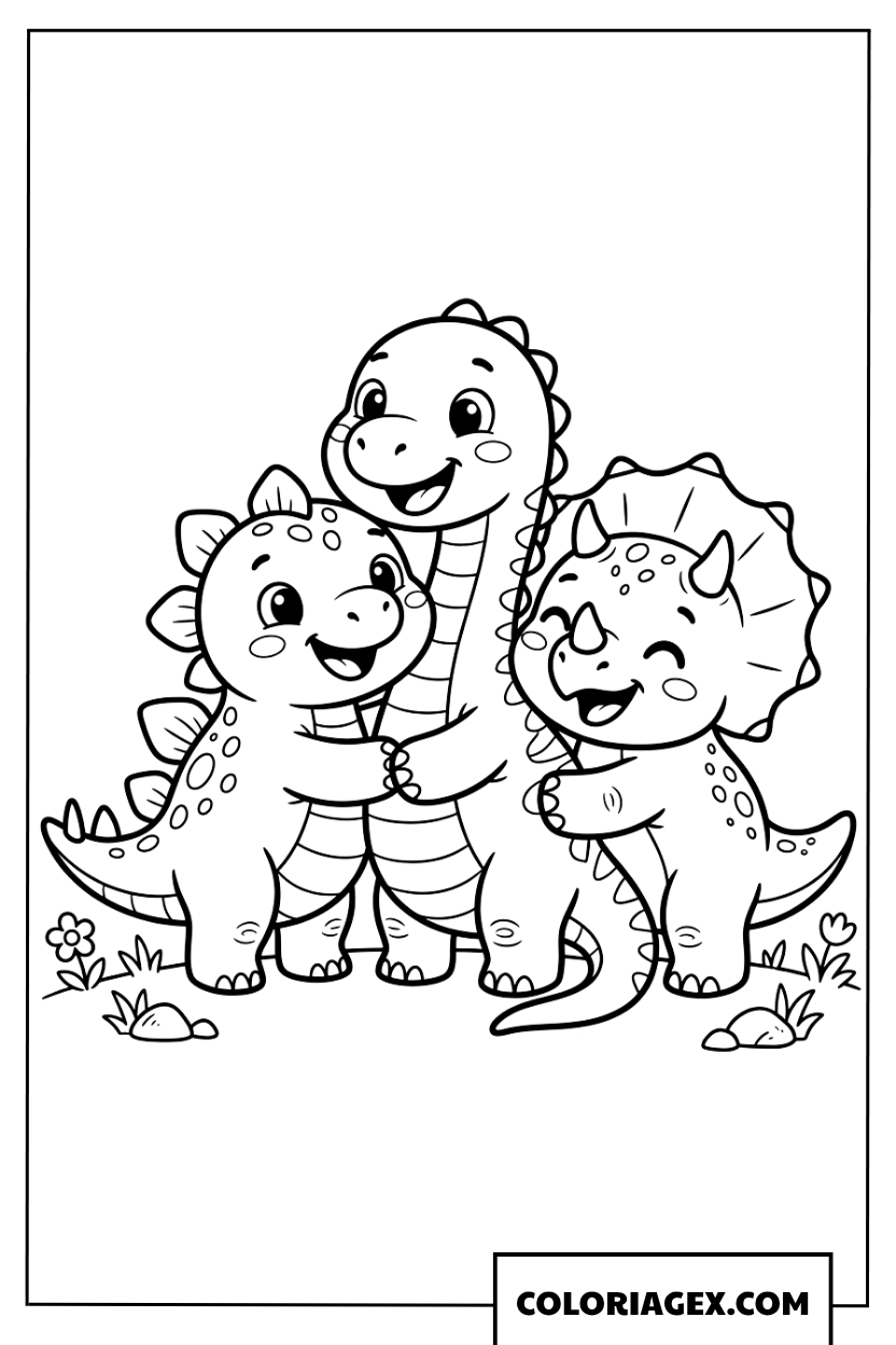Dessin de trois petits dinosaures mignons qui se font un calin