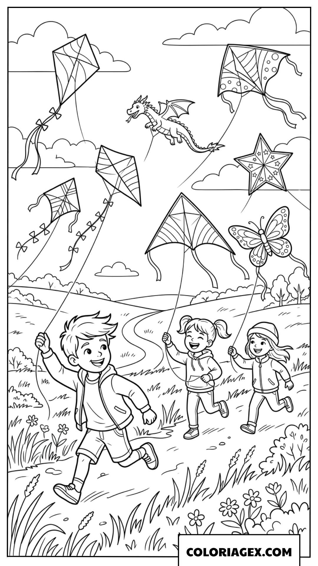 Dessin d'enfants faisant voler des cerfs volants colorés