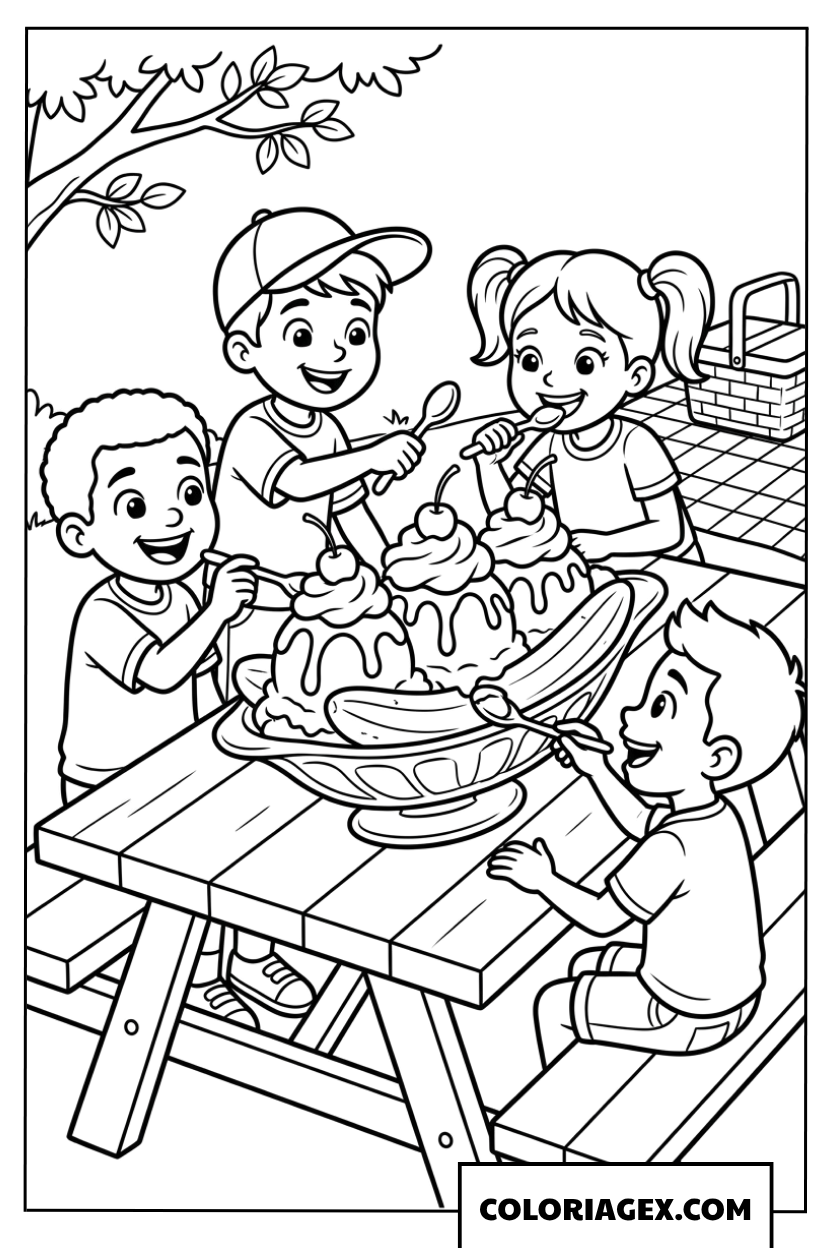 Dessin d'enfants partageant un délicieux banana split