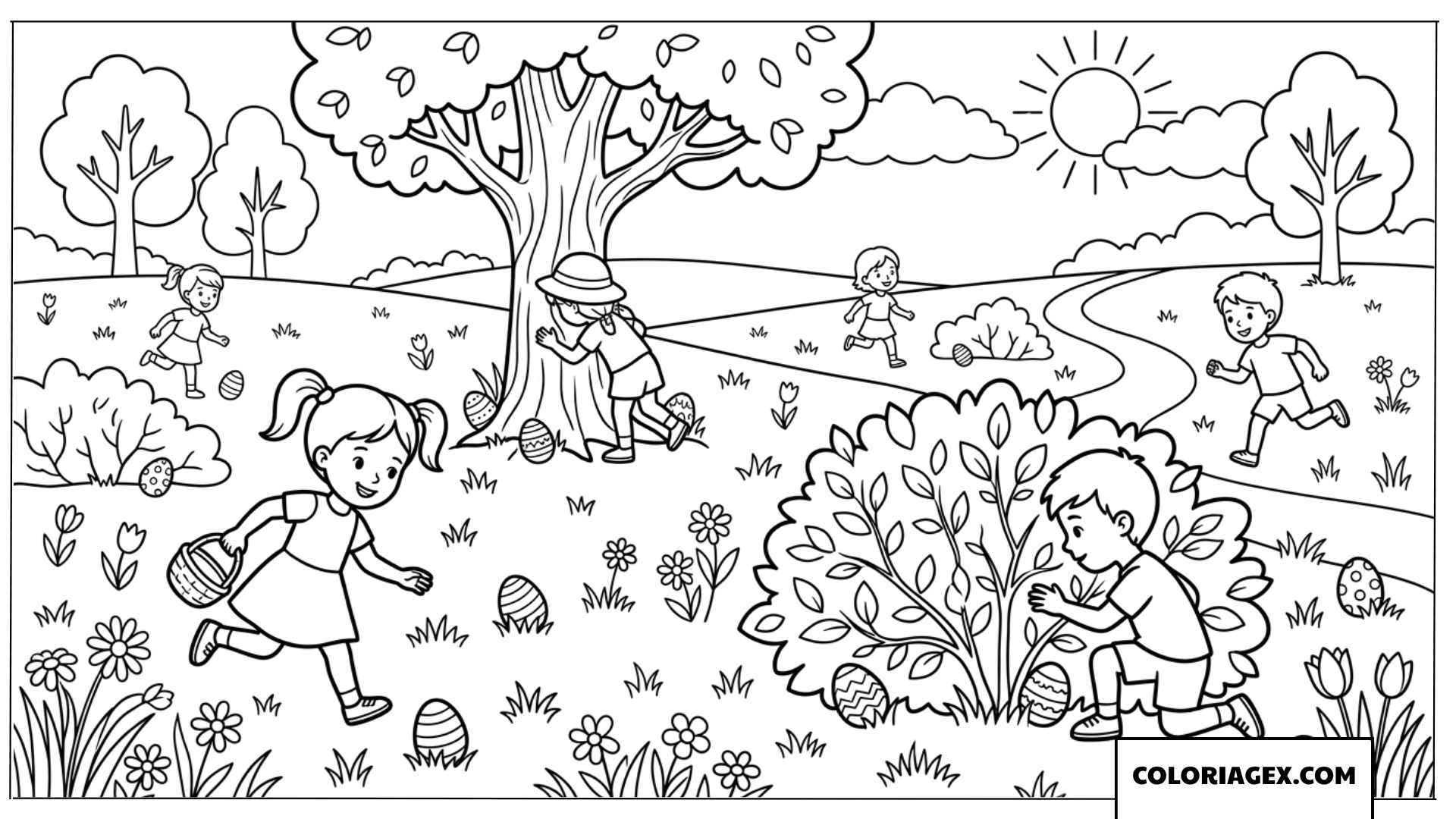 Dessin d'enfants s'amusant à la chasse aux œufs de Pâques au parc