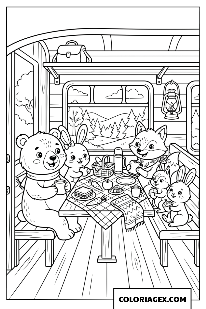 Dessin des animaux mignons qui mangent dans le train à colorier