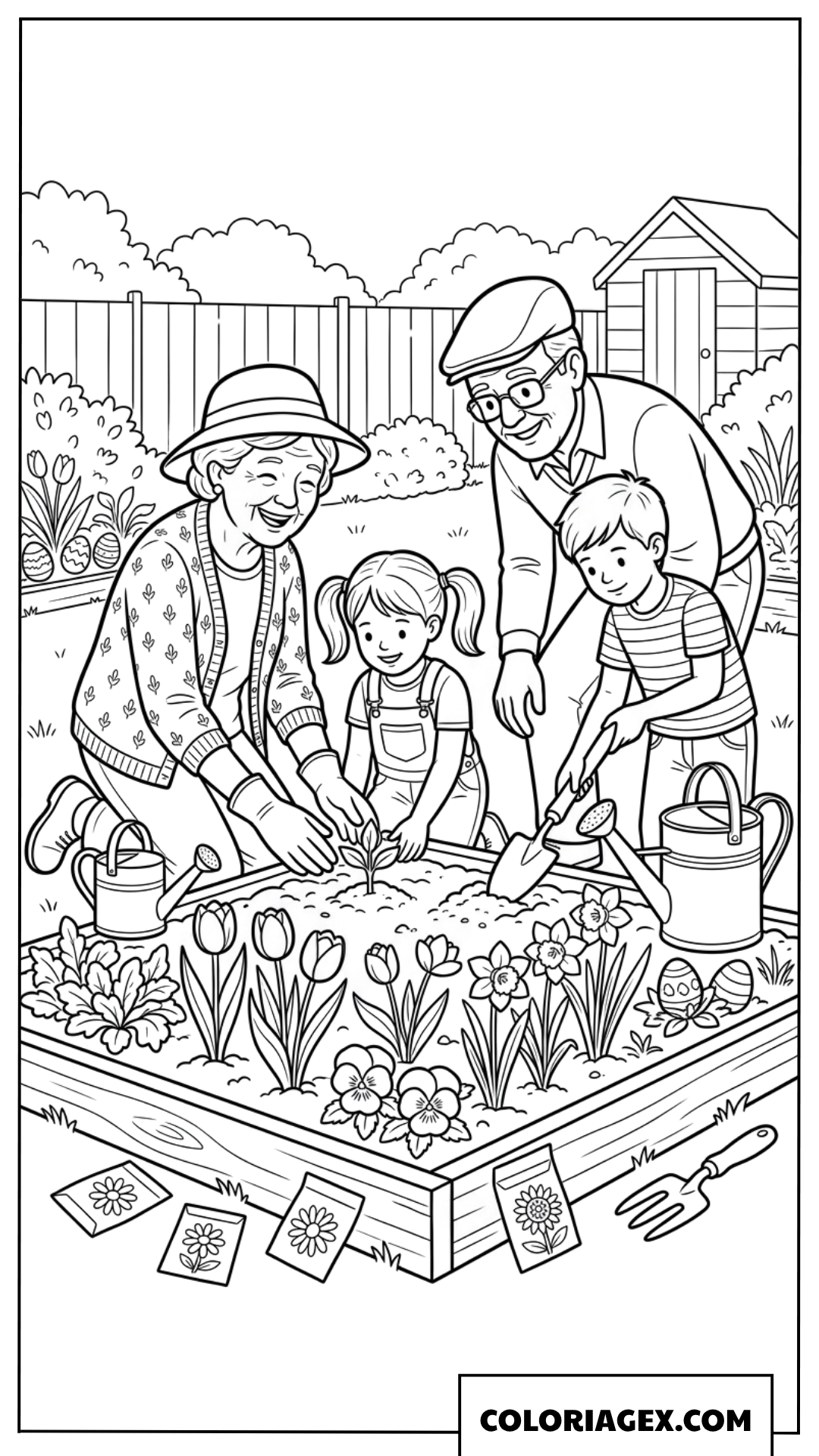 Dessin des grands-parents et petits-enfants plantant des fleurs pour Pâques