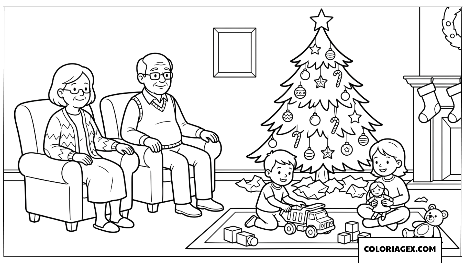 Dessin des grands parents heureux regardant leurs petits enfants jouer près du sapin de Noël