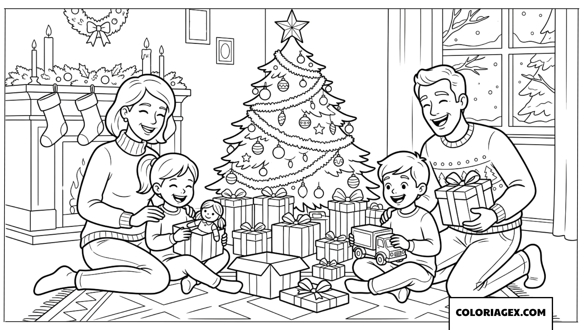 Dessin des parents et de leurs deux enfants ouvrant joyeusement les cadeaux de Noël