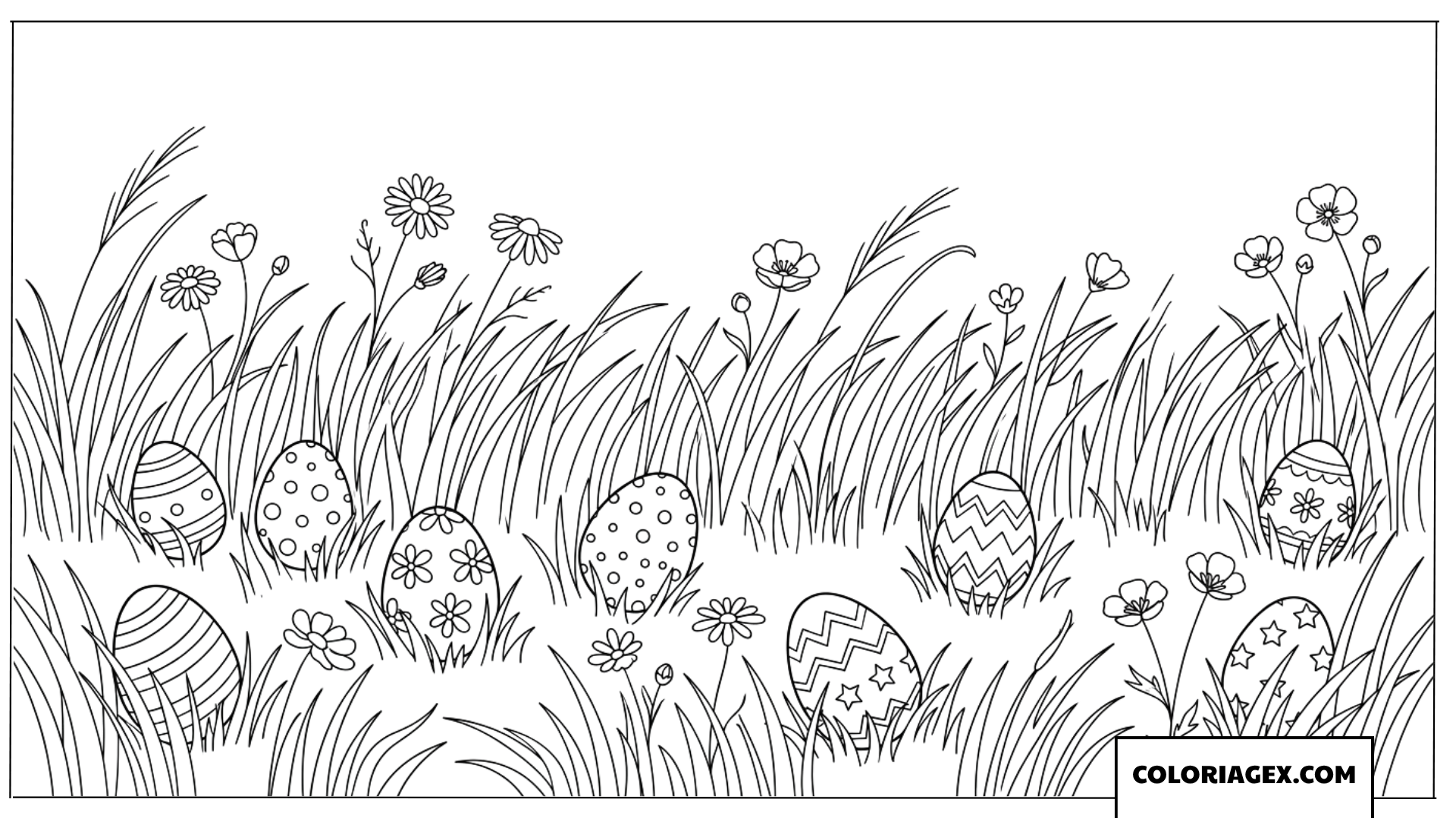 Dessin d'œufs de Pâques cachés dans l'herbe Coloriage