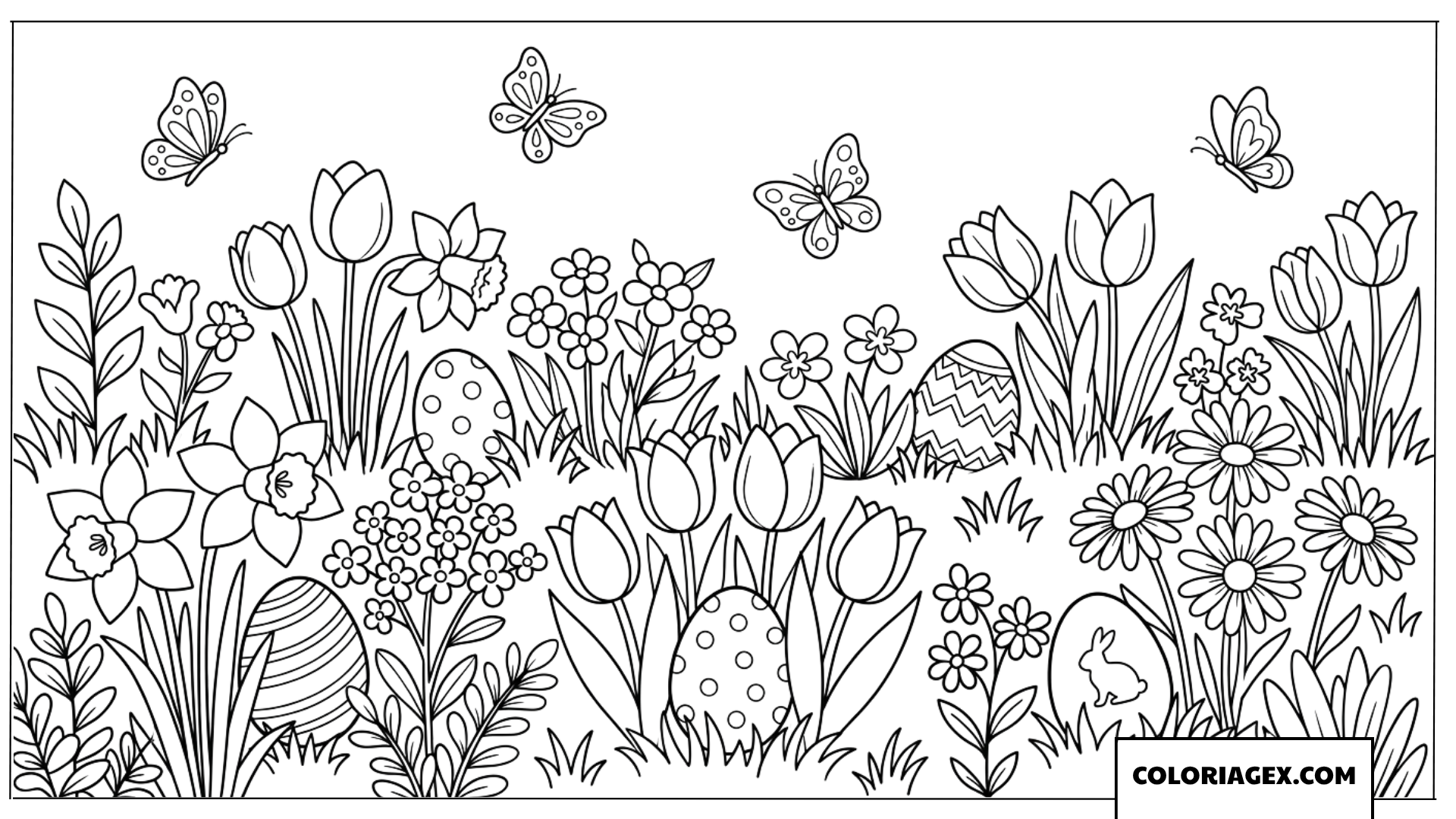 Dessin d'œufs de Pâques dans un jardin fleuri Coloriage