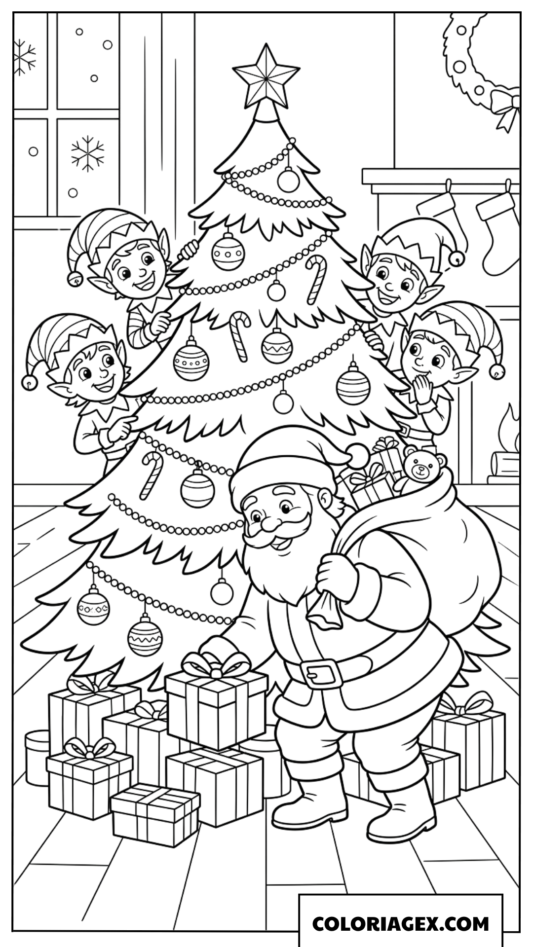Dessin du Père Noël distribuant des cadeaux près du sapin avec les elfes
