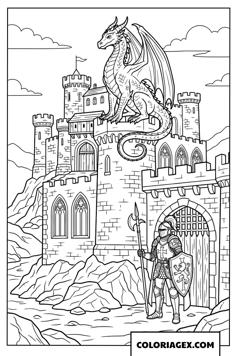 Dessin du chevalier à la hache gardant le chateau sous le dragon