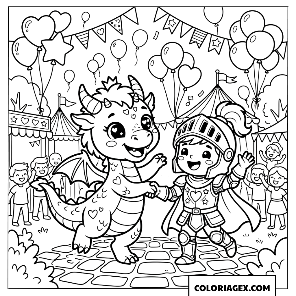 Dessin du chevalier mignon et dragon chibi dansant à la fête