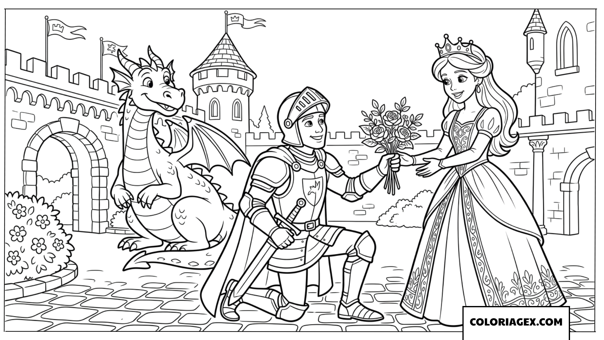 Dessin du chevalier offrant des fleurs à la princesse avec le dragon