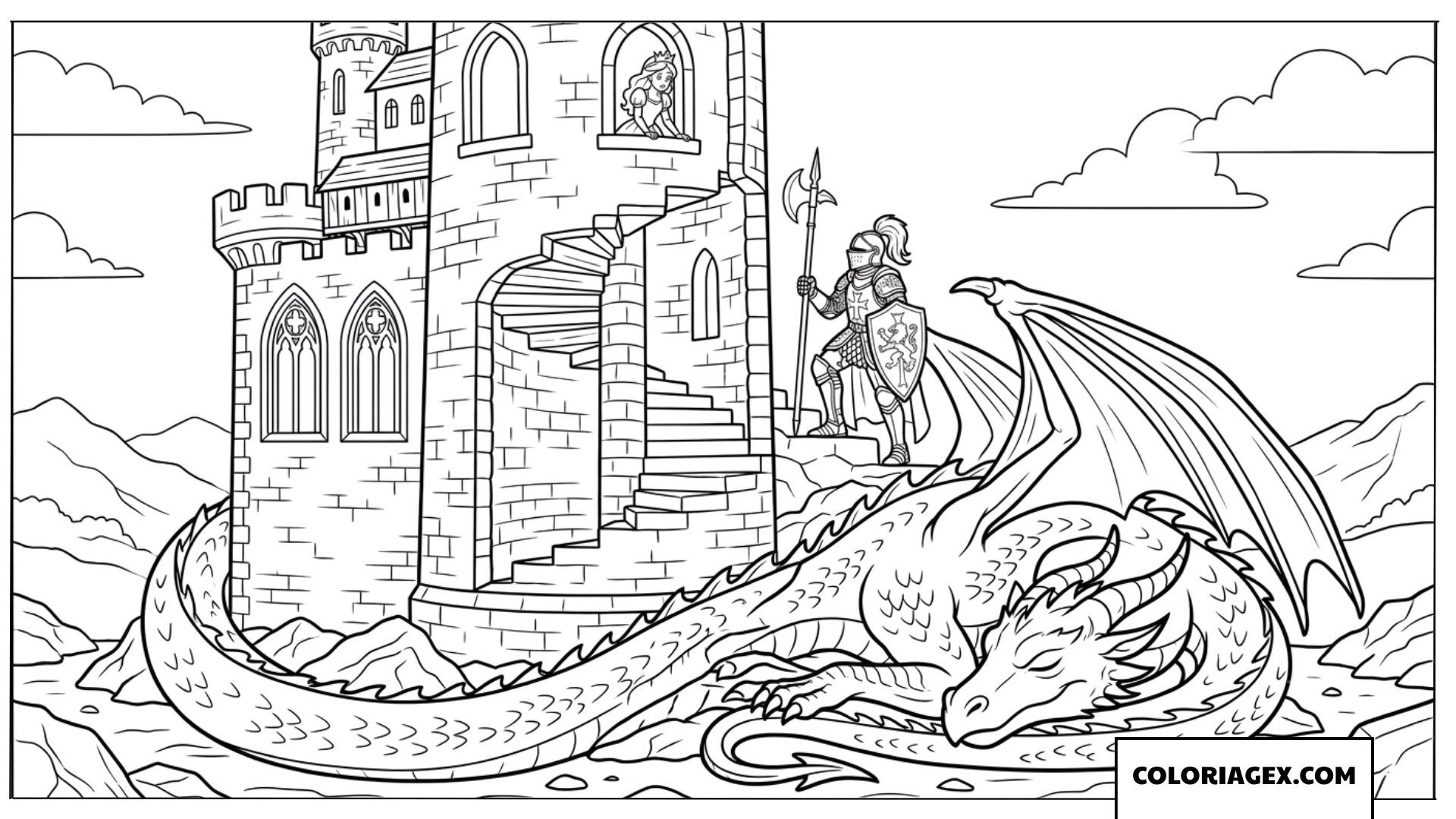 Dessin du chevalier sur les escaliers de la tour protégeant la princesse