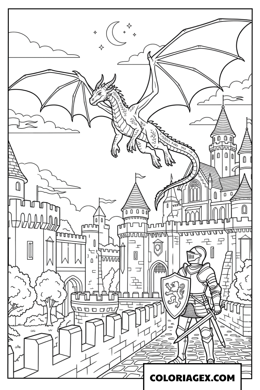 Dessin du chevalier sur les remparts regardant le dragon voler