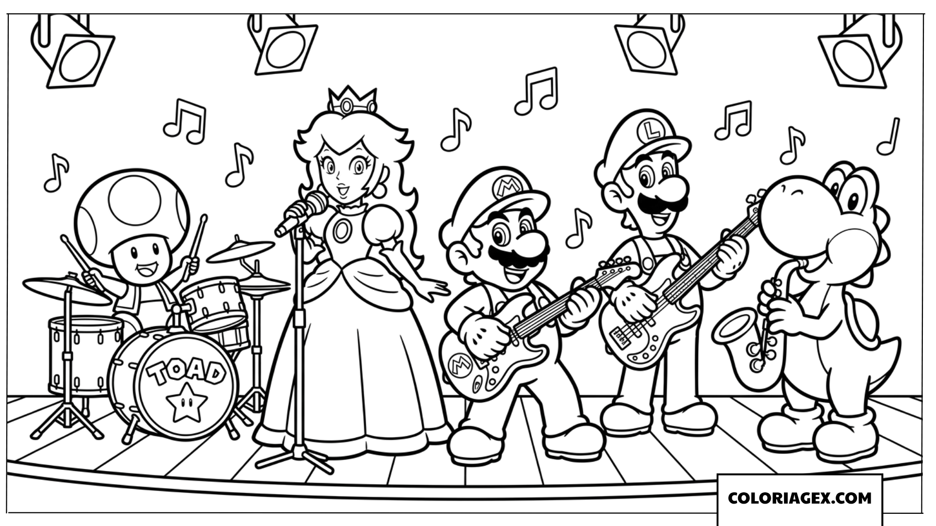 Dessin du groupe de musique de Mario et ses amis sur scene a colorier