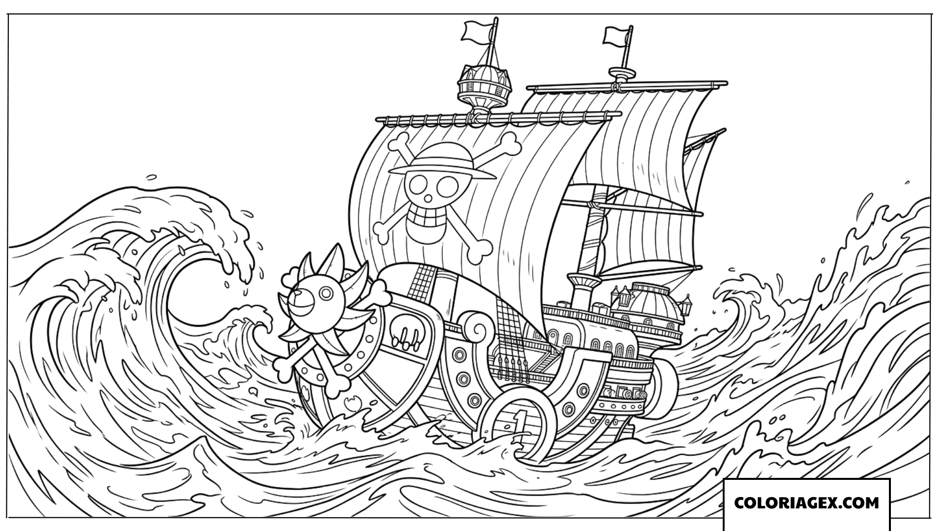 Dessin du navire Thousand Sunny sur des vagues géantes
