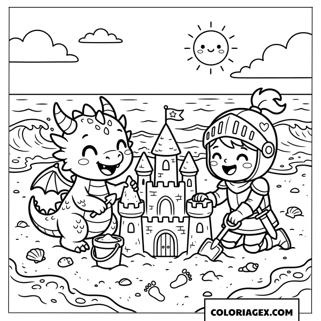 Dessin du petit chevalier et bébé dragon chibi au bord de la plage