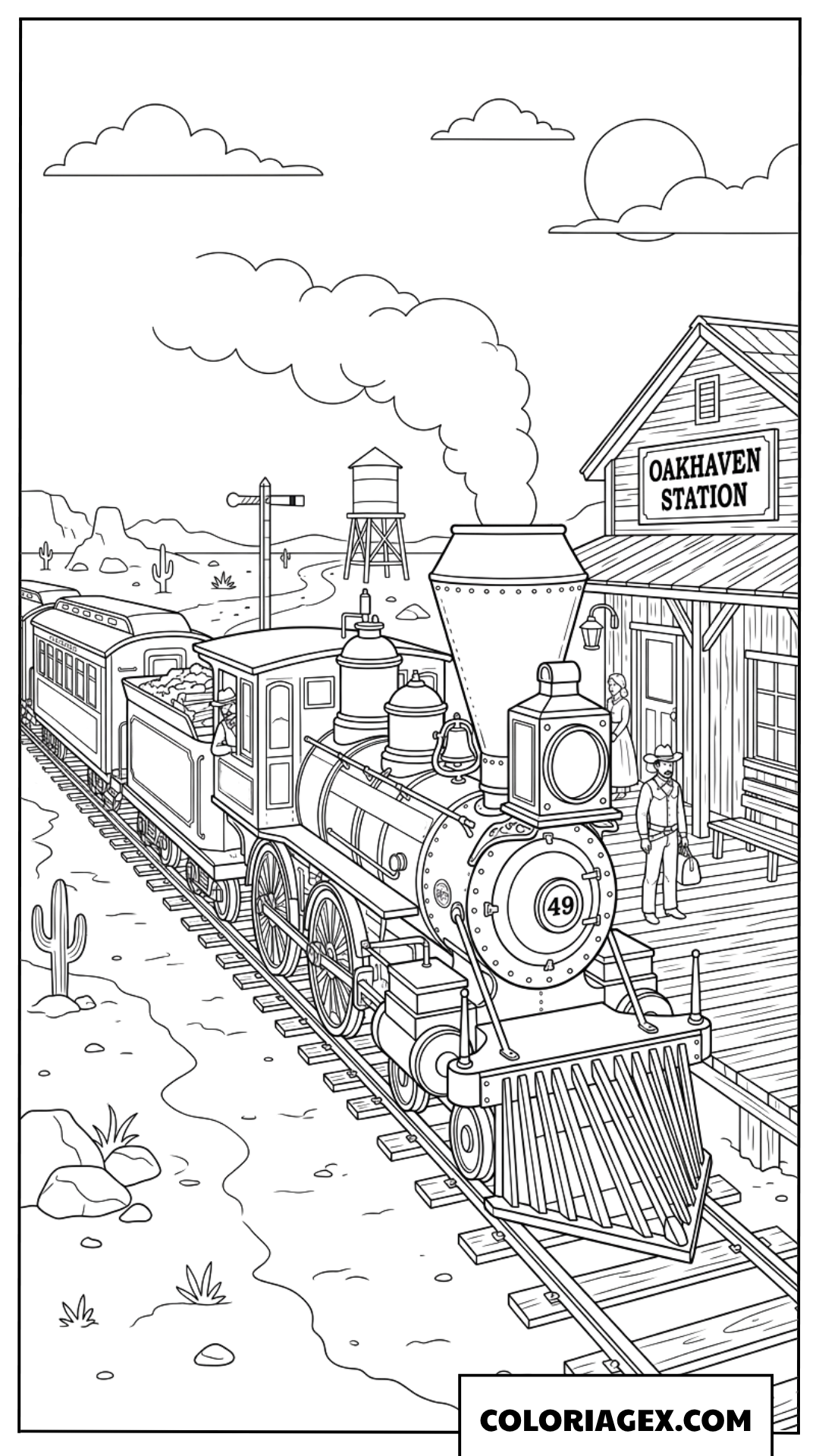 Dessin du train à vapeur à la gare Oakhaven à colorier