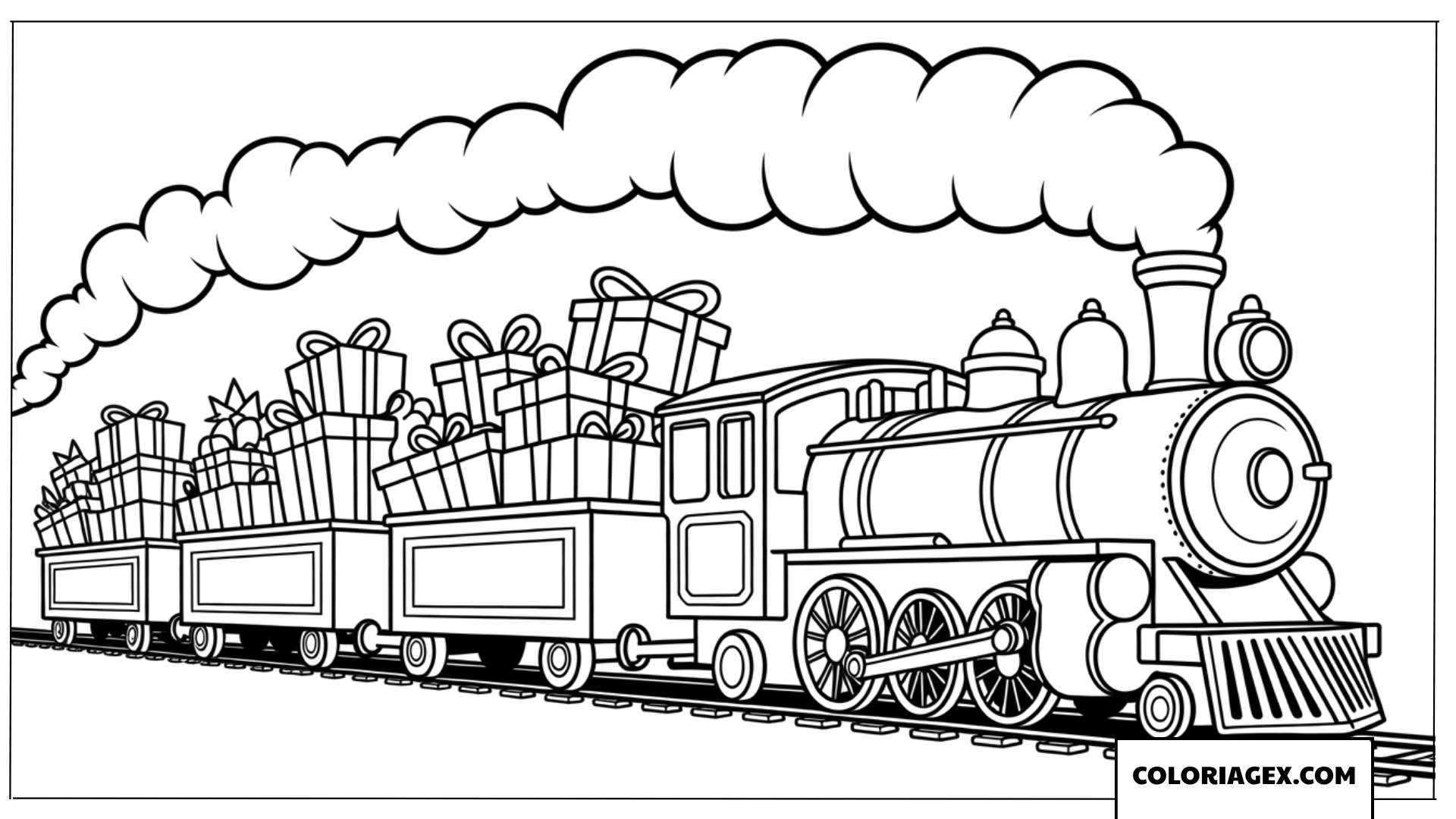 Dessin du train de Noël chargé de cadeaux à colorier