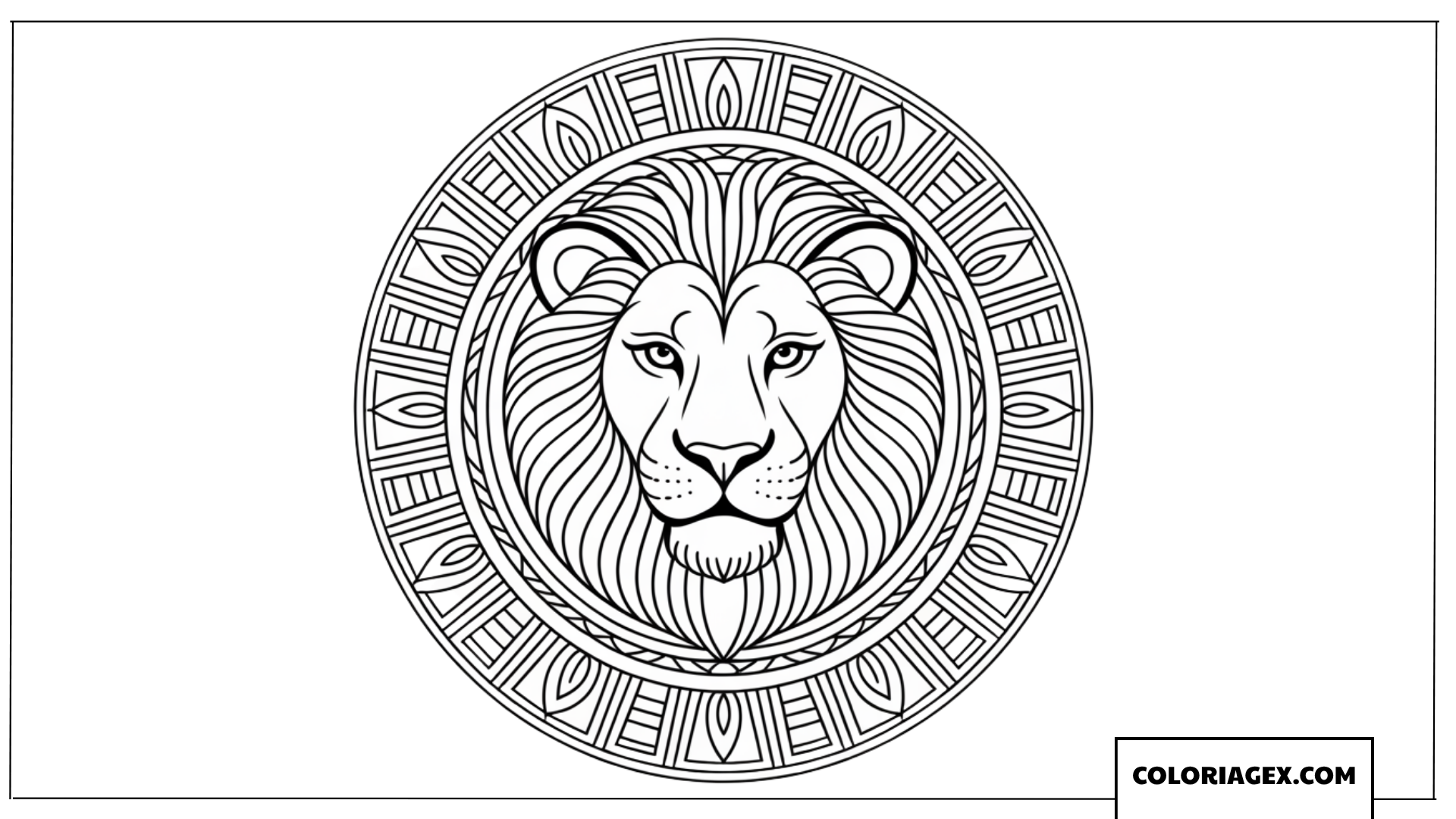 Dessin du visage dun lion dans un cadre rond mandala a colorier