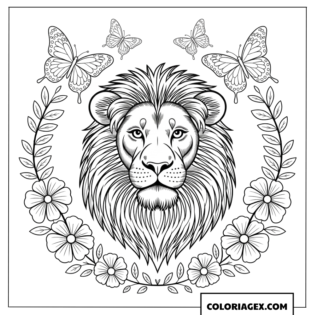 Dessin du visage dun lion entouré de fleurs et de papillons a colorier