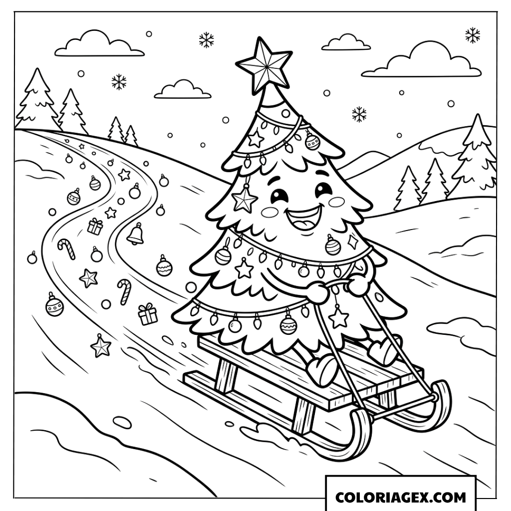 Dessin d'un arbre de Noël kawaii en train de faire du traîneau