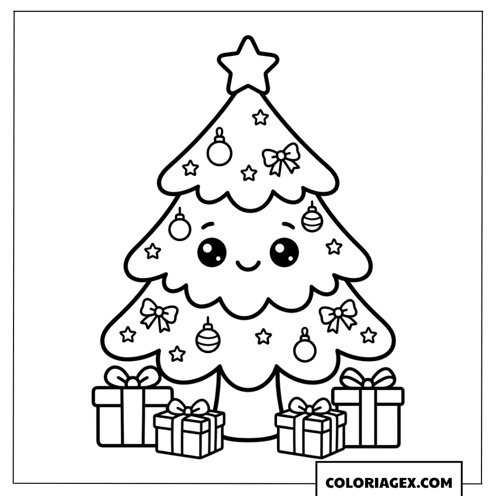 Dessin d'un arbre de Noël kawaii simple à colorier