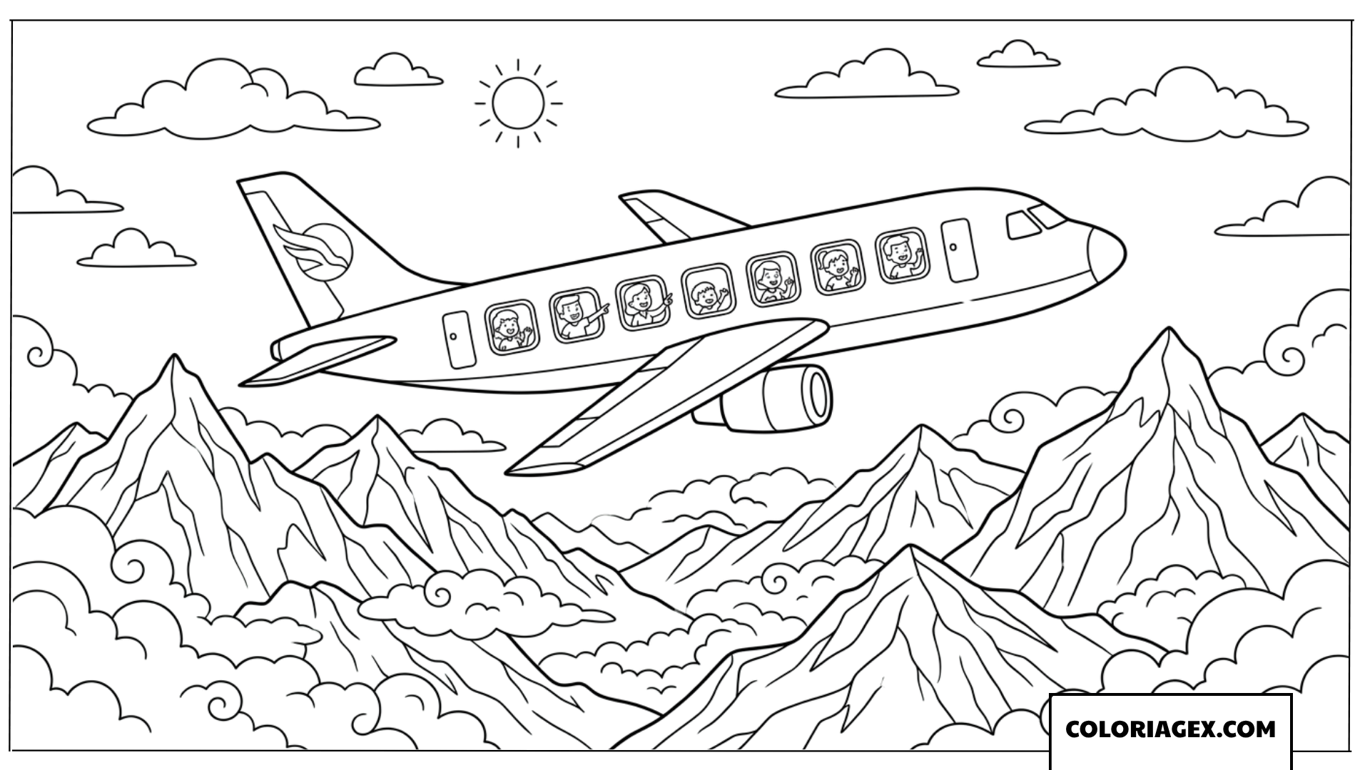 Dessin d'un avion volant au-dessus de montagnes majestueuses