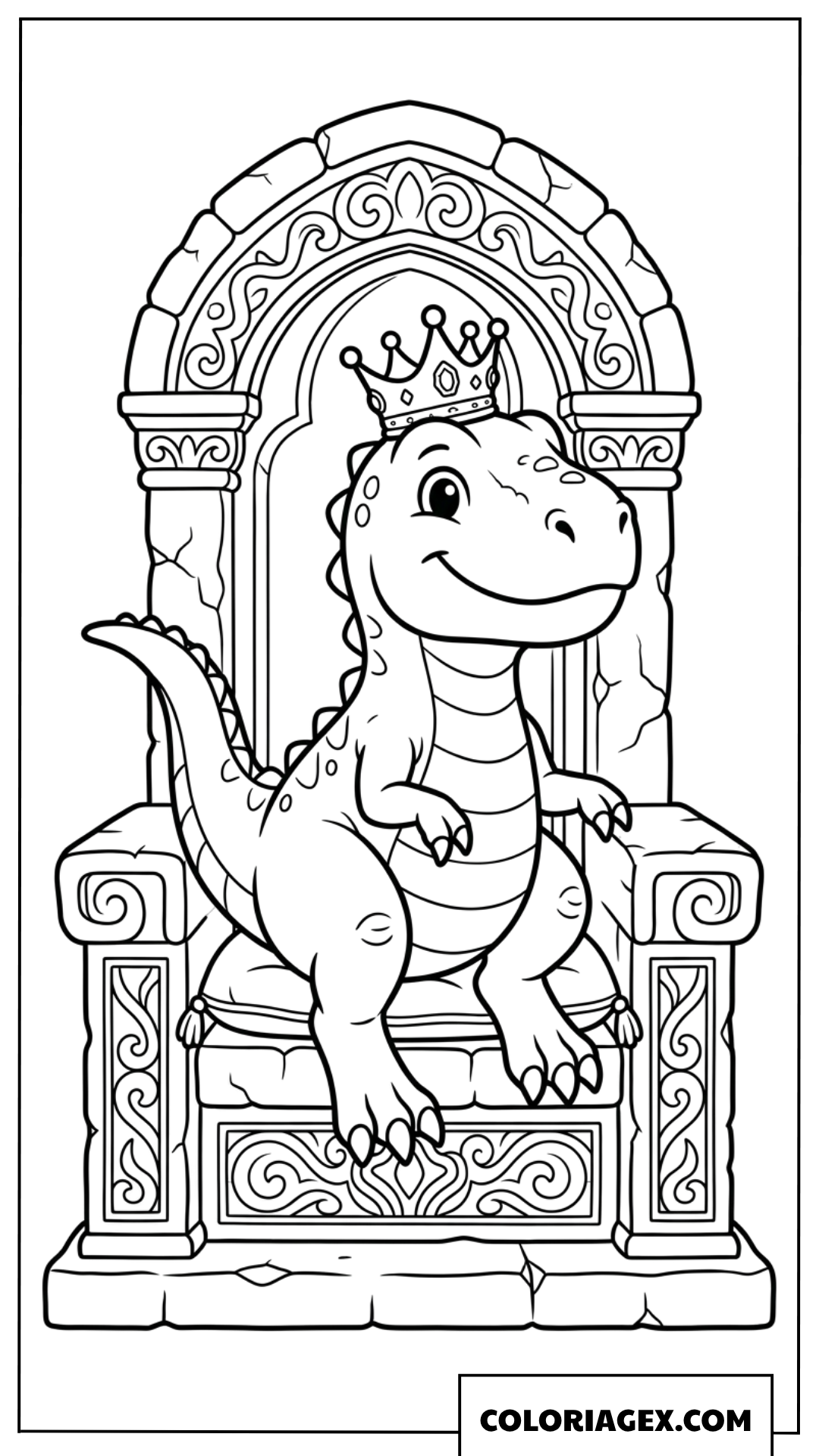 Dessin d’un bébé T-Rex mignon avec une couronne, assis sur un trône doré.