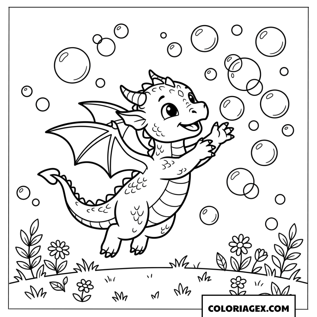 Dessin d'un bébé dragon avec des bulles à colorier