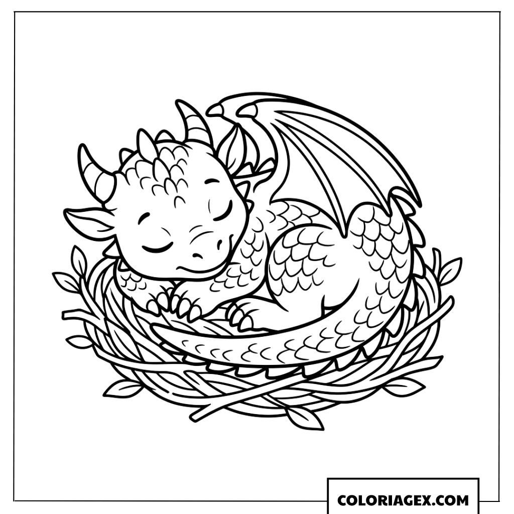Dessin d'un bébé dragon qui dort dans son nid à colorier