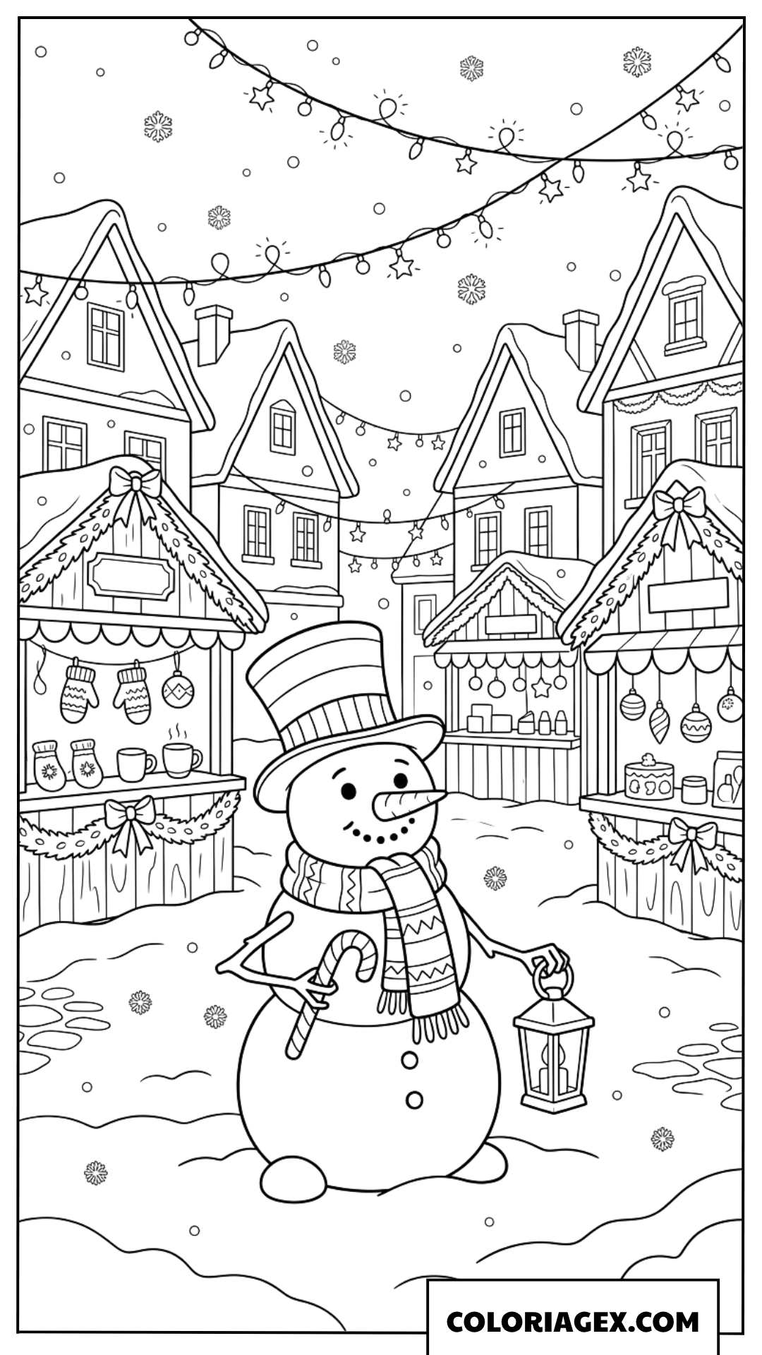 Dessin d'un bonhomme de neige au marché de Noël féerique