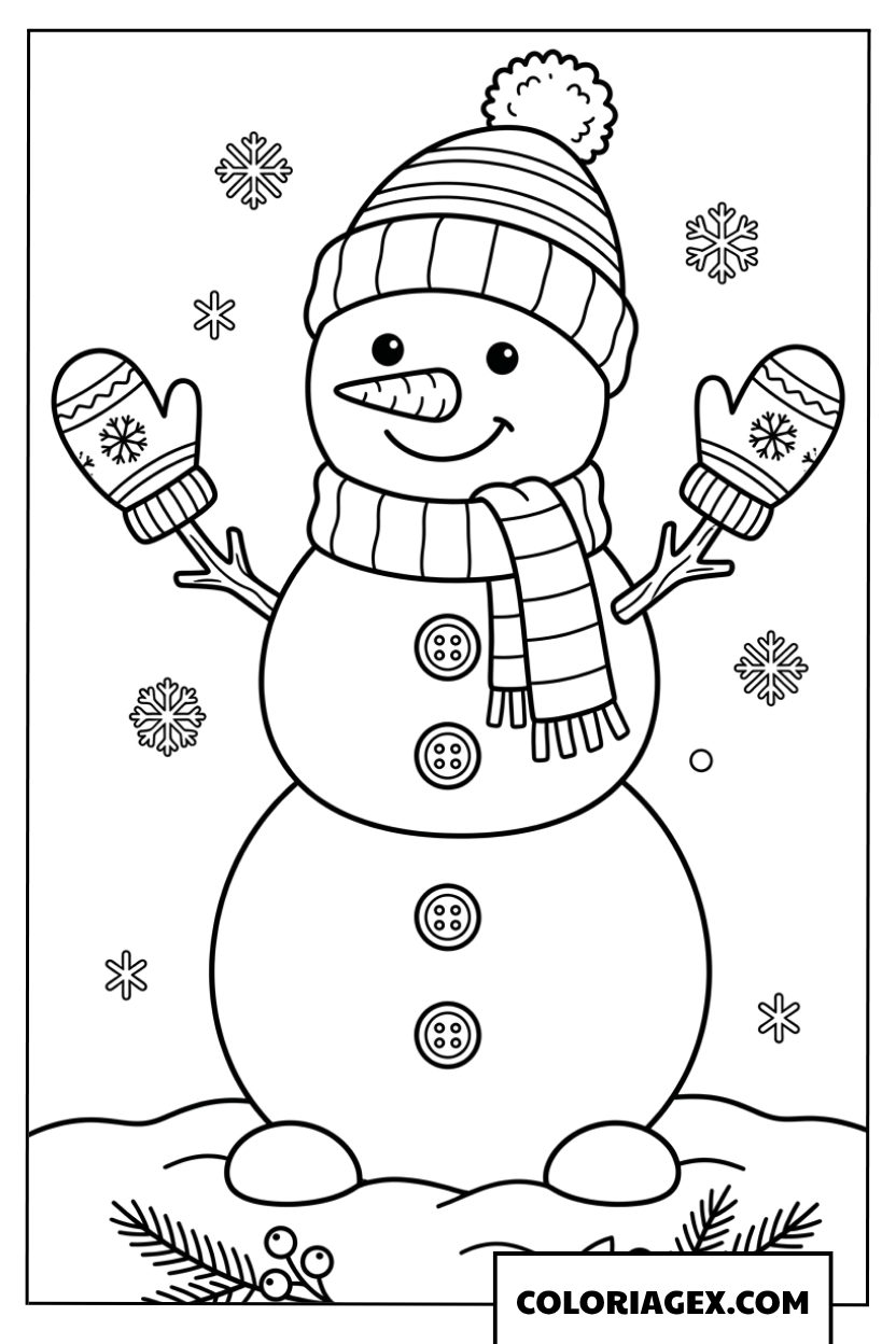 Dessin d'un bonhomme de neige avec des moufles ornées de flocons