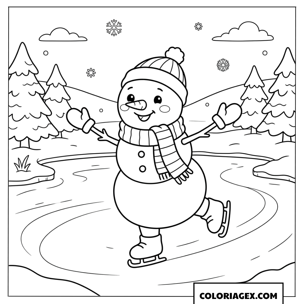 Dessin d'un bonhomme de neige glissant sur un étang gelé