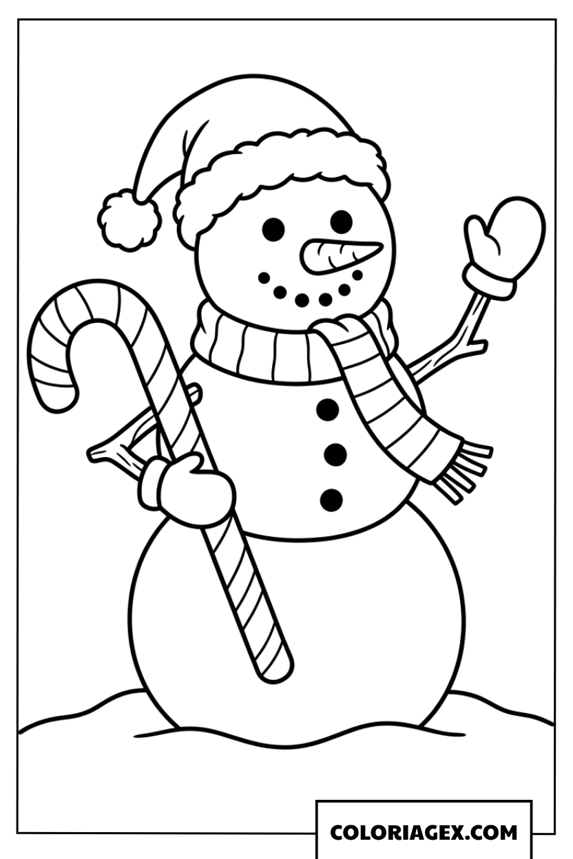 Dessin d'un bonhomme de neige joyeux avec un sucre d'orge