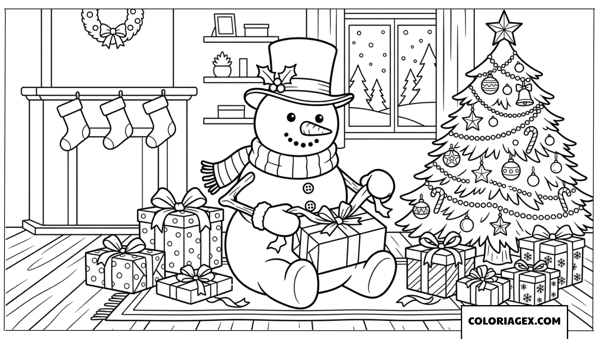 Dessin d'un bonhomme de neige ouvrant ses cadeaux près du sapin